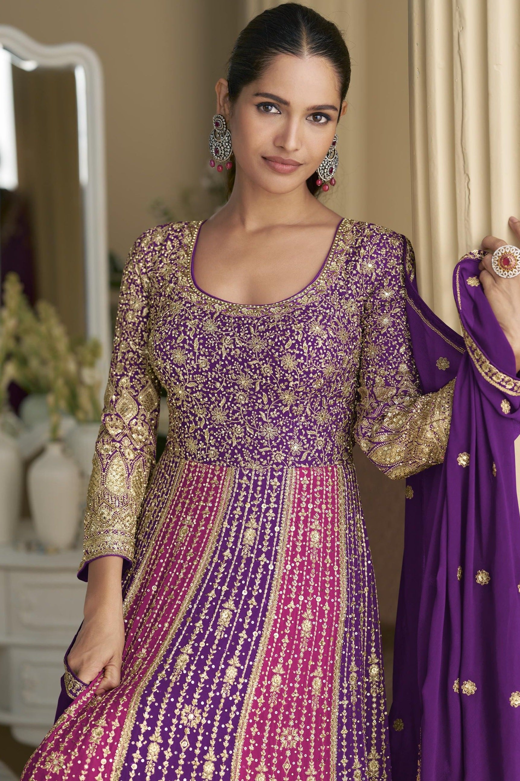 Purple Georgette Anarkali Suit For Indian & Pakistani Wedding Festival - Sequins & Thread Embroidery Work