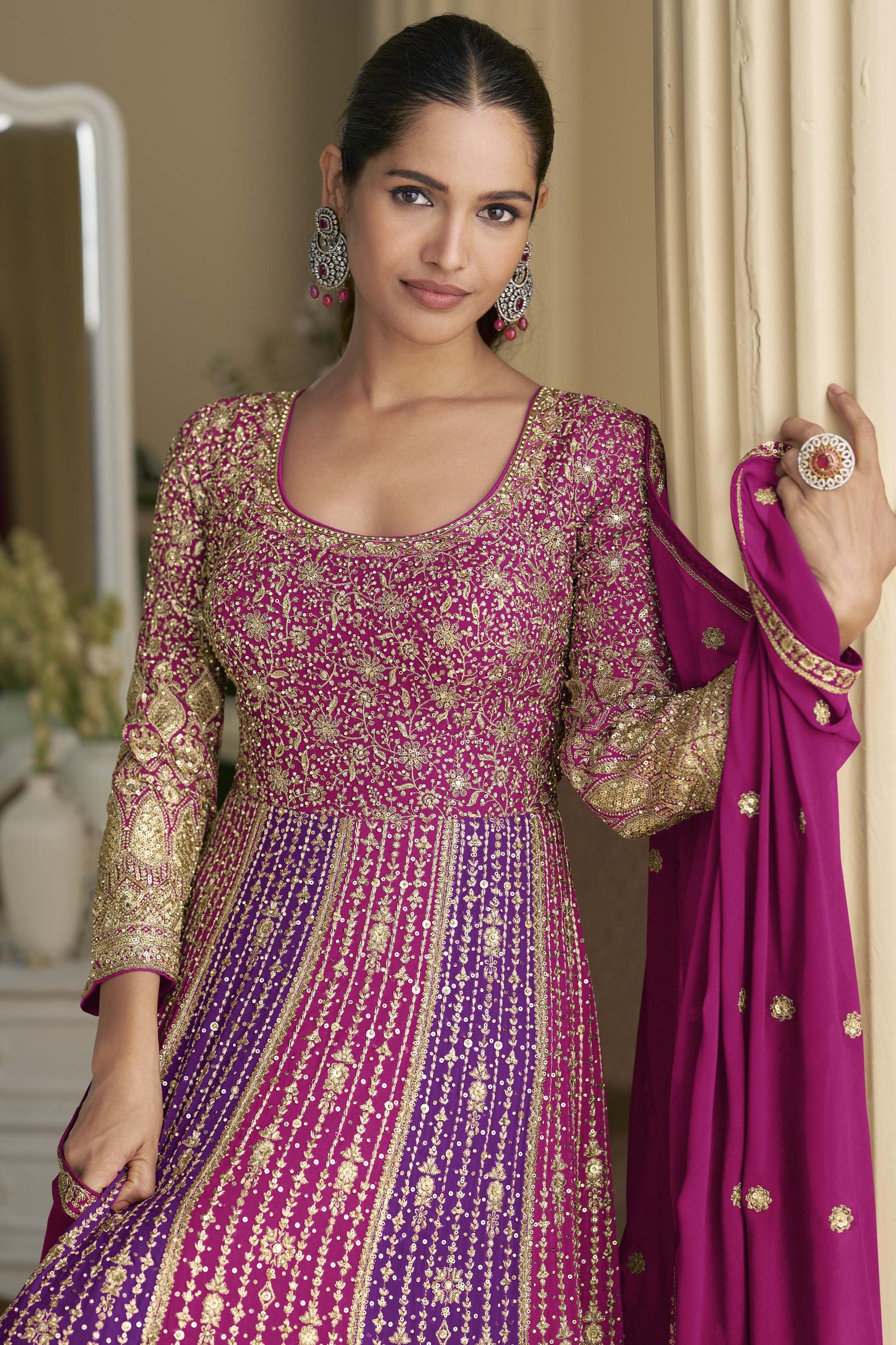 Magenta  Georgette Anarkali Suit For Indian & Pakistani Wedding Festival - Sequins & Thread Embroidery Work