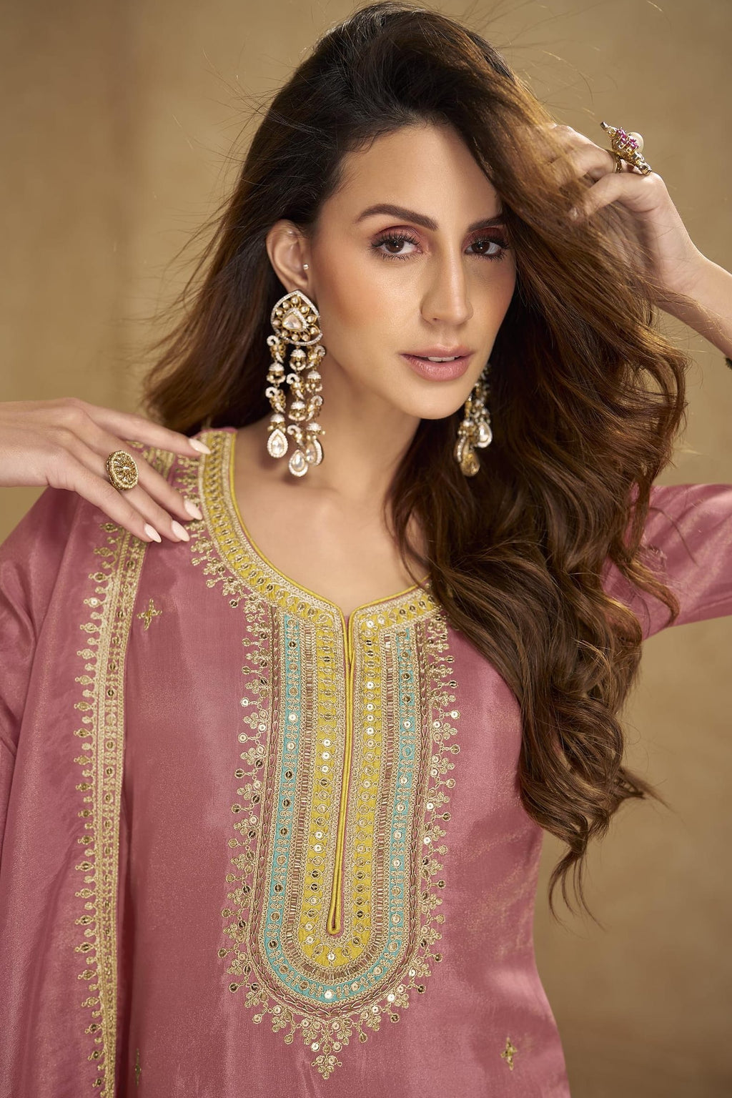 Pink Simmer Silk Kameez With Pant For Indian & Pakistani Wedding Festival - Sequins & Thread Embroidery Work