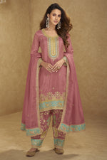 Pink Simmer Silk Kameez With Pant For Indian & Pakistani Wedding Festival - Sequins & Thread Embroidery Work