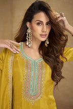 Yellow Simmer Silk Kameez With Pant For Indian & Pakistani Wedding Festival - Sequins & Thread Embroidery Work