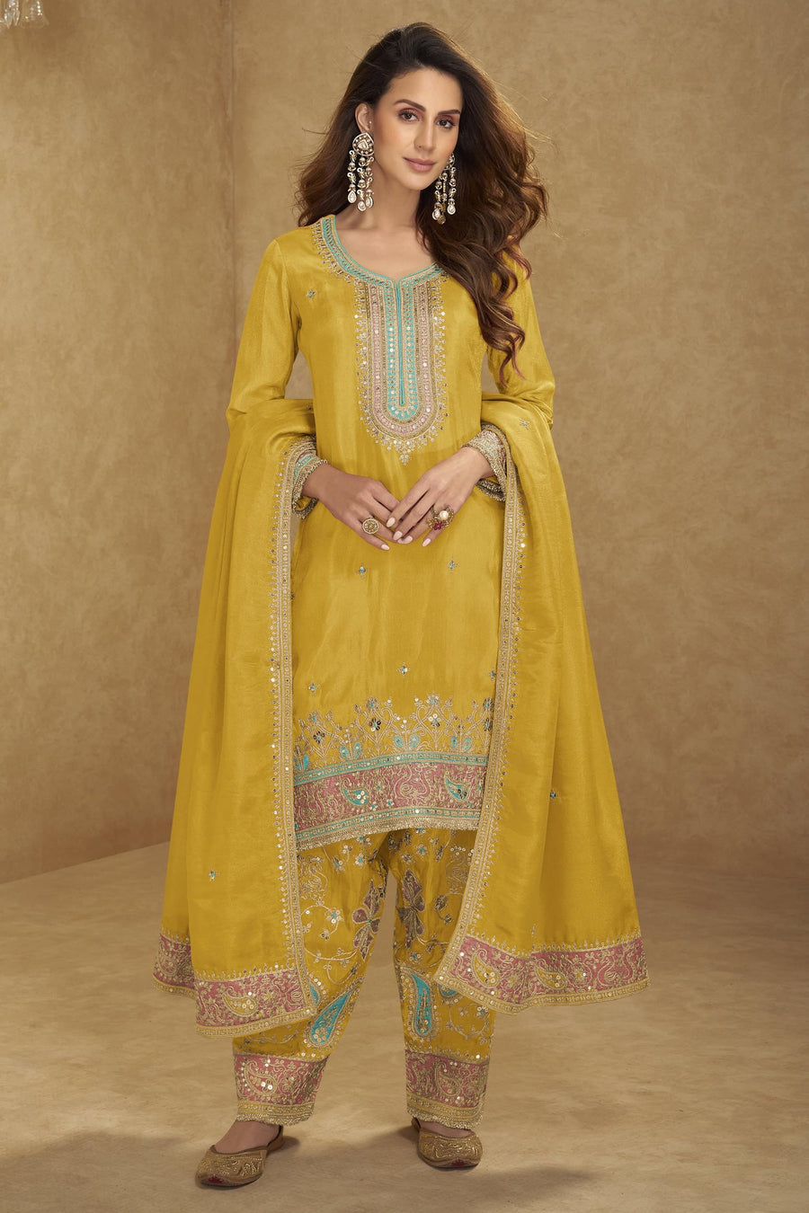 Yellow Simmer Silk Kameez With Pant For Indian & Pakistani Wedding Festival - Sequins & Thread Embroidery Work