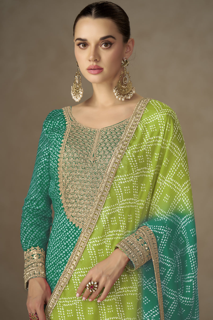 Green Chinon Silk Sequins Embroidered Anarkali with Bandhani Dupatta