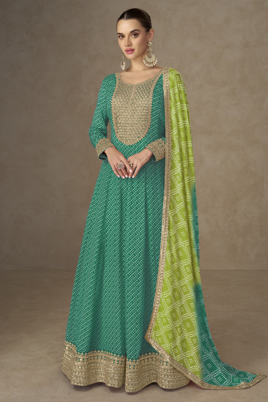 Green Chinon Silk Sequins Embroidered Anarkali with Bandhani Dupatta