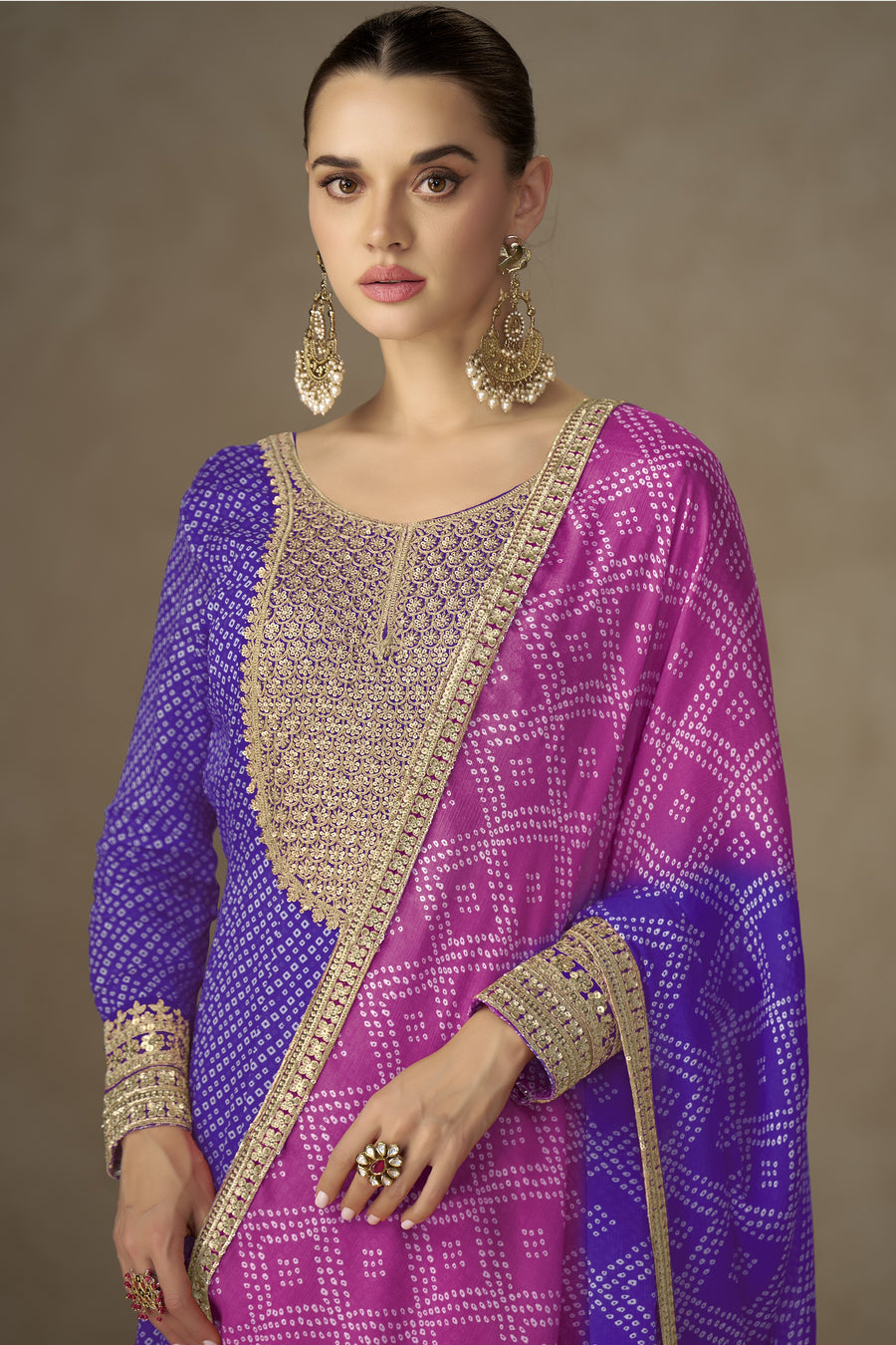 Purple Chinon Silk Anarkali with Bandhani Dupatta - Sequins Work