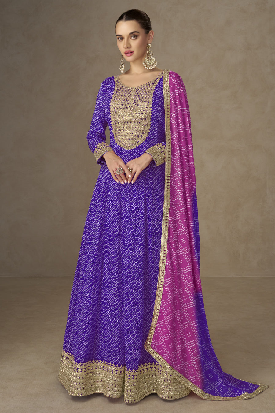 Purple Chinon Silk Anarkali with Bandhani Dupatta - Sequins Work