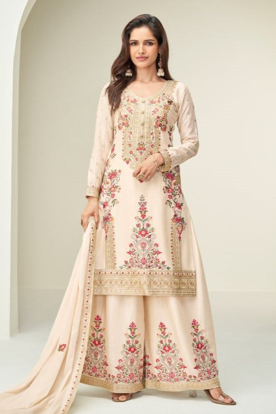 Off White Chinon Silk Designer Embroidered Palazzo Suits for Wedding with Thread and Sequins Work
