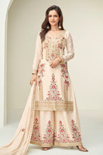 Off White Designer Embroidered Palazzo Suits for Wedding in Chinon Silk