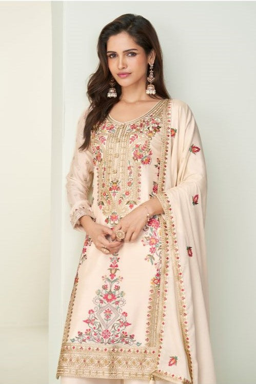 Off White Chinon Silk Designer Embroidered Palazzo Suits for Wedding with Thread and Sequins Work