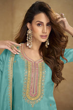 Aque Blue Simmer Silk Kameez With Pant For Indian & Pakistani Wedding Festival - Sequins & Thread Embroidery Work