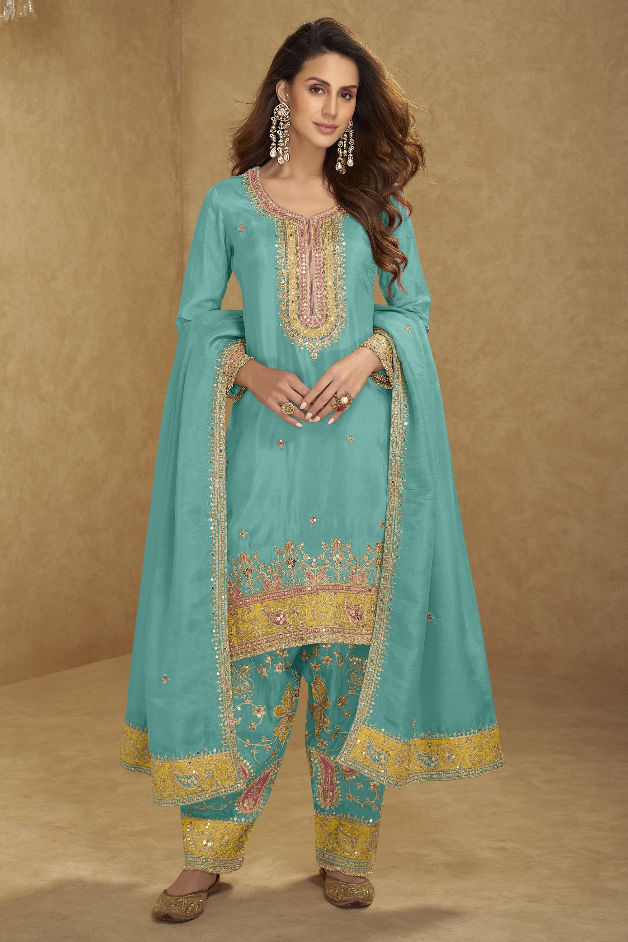 Aque Blue Simmer Silk Kameez With Pant For Indian & Pakistani Wedding Festival - Sequins & Thread Embroidery Work