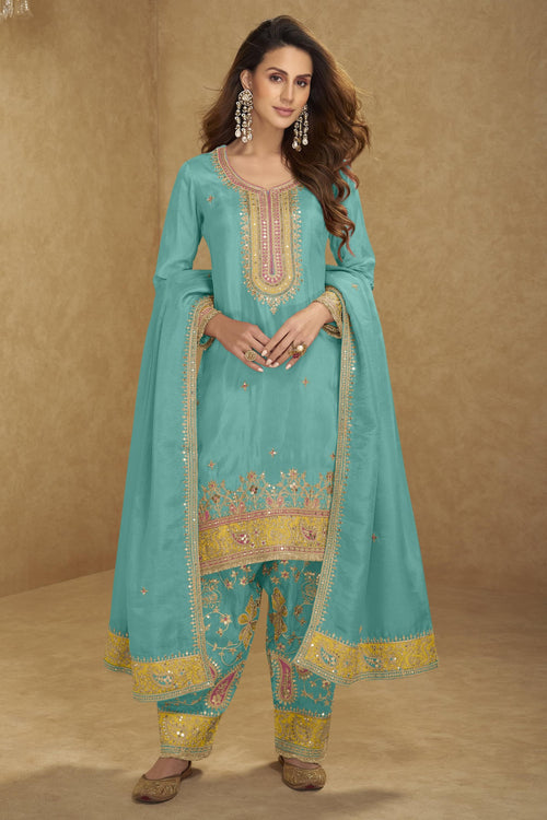 Aque Blue Simmer Silk Kameez With Pant For Indian & Pakistani Wedding Festival - Sequins & Thread Embroidery Work