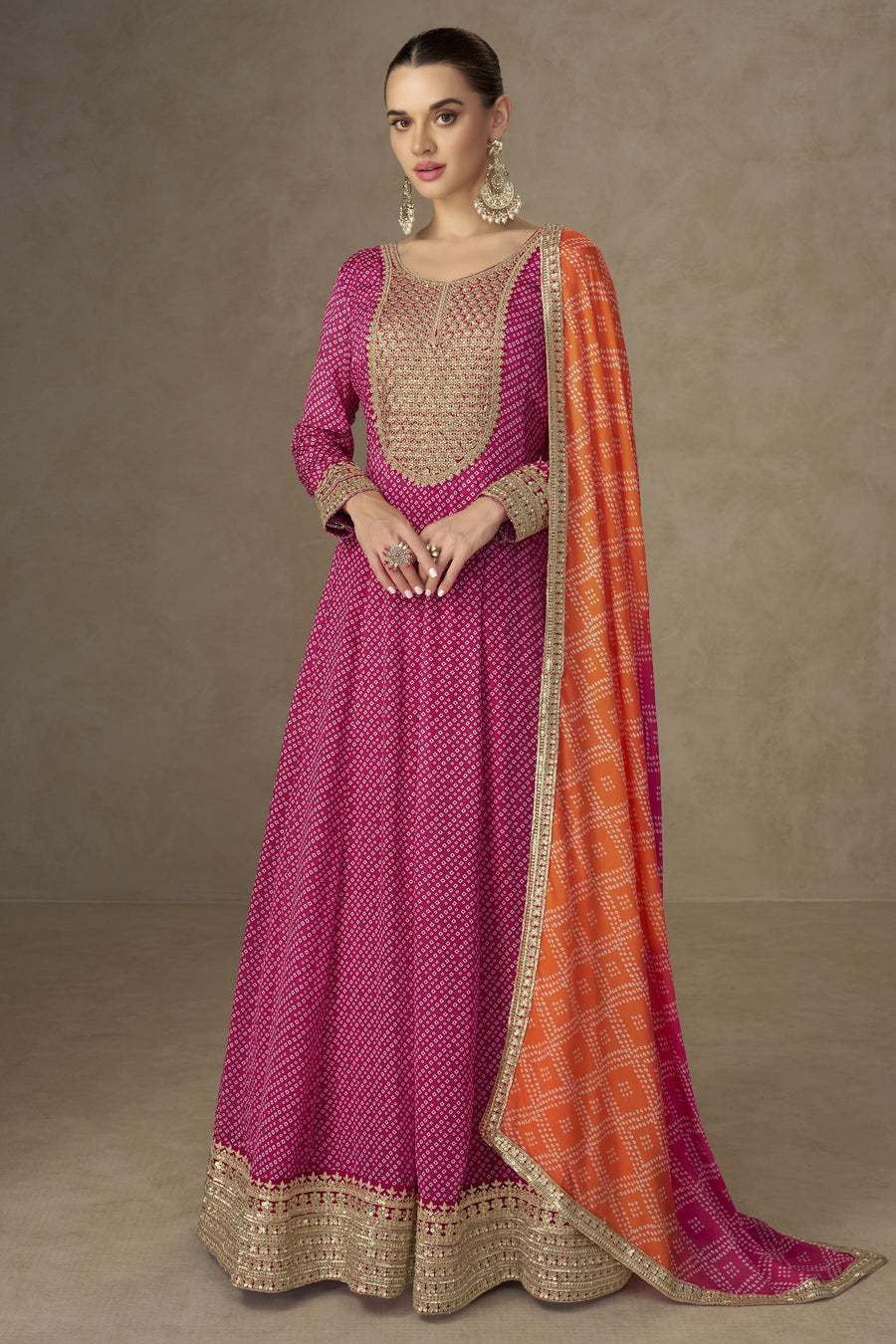Pink Chinon Silk Anarkali with Bandhani Dupatta and Sequins Work