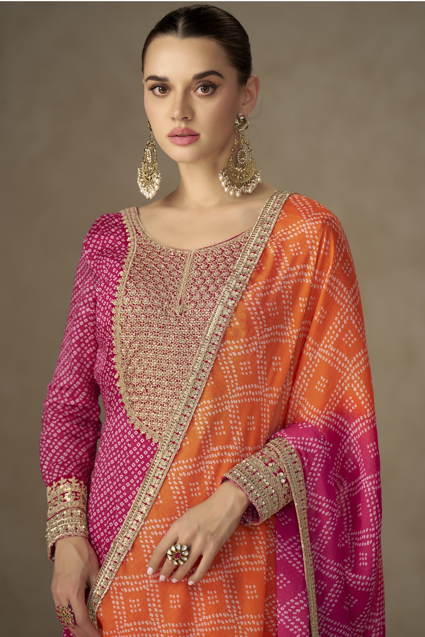 Pink Chinon Silk Anarkali with Bandhani Dupatta and Sequins Work