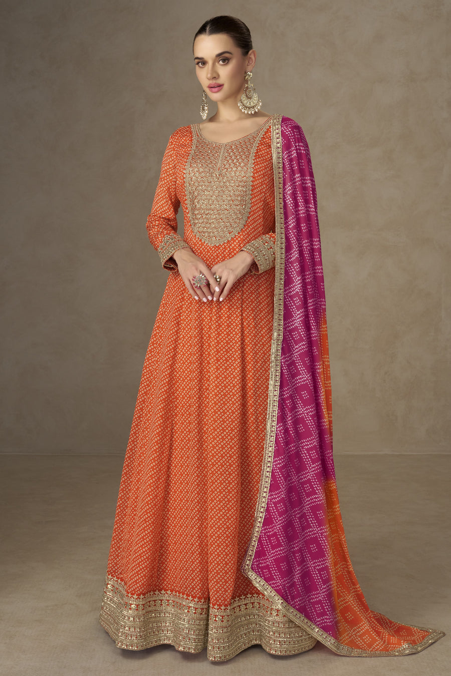 Orange Chinon Silk Sequins Work Anarkali with Bandhani Dupatta