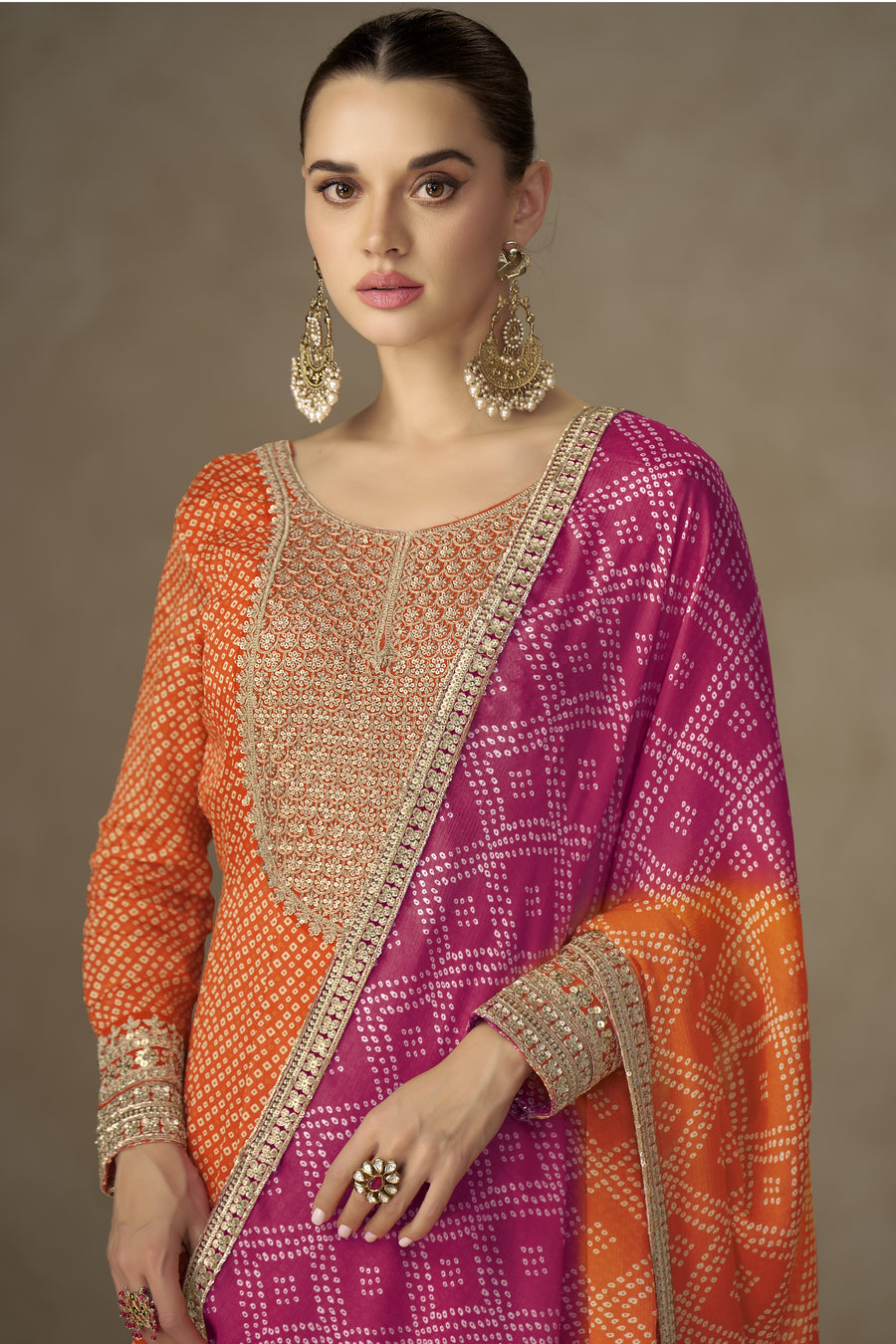 Orange Chinon Silk Sequins Work Anarkali with Bandhani Dupatta