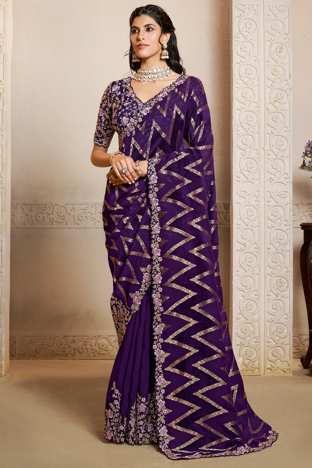 Purple saree for reception with thread embroidery and stone handwork, full front view of the model wearing the draped saree