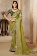 Olive Green wedding guest saree with sequin and stone handwork, full front view of the model wearing the draped saree