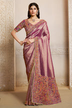 Muted Purple saree for diwali with print and embroidery handwork, full front view of the model wearing the draped saree