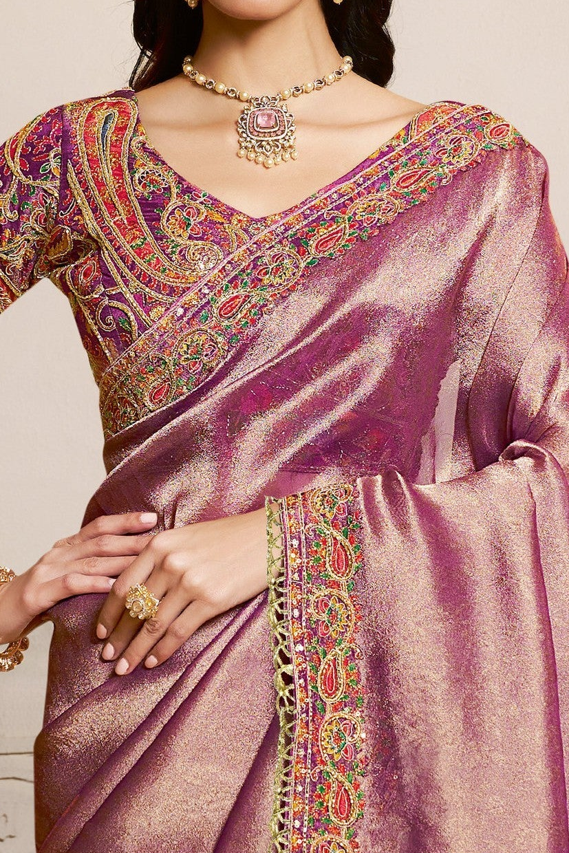 Muted Purple party wear saree for women with print and embroidery handwork, upper-body closeup of the embroidery and handwork detailing