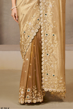 Champagne Golden embroidered saree with zardozi and stone handwork, waist-down view of the pleats and flowing saree drape