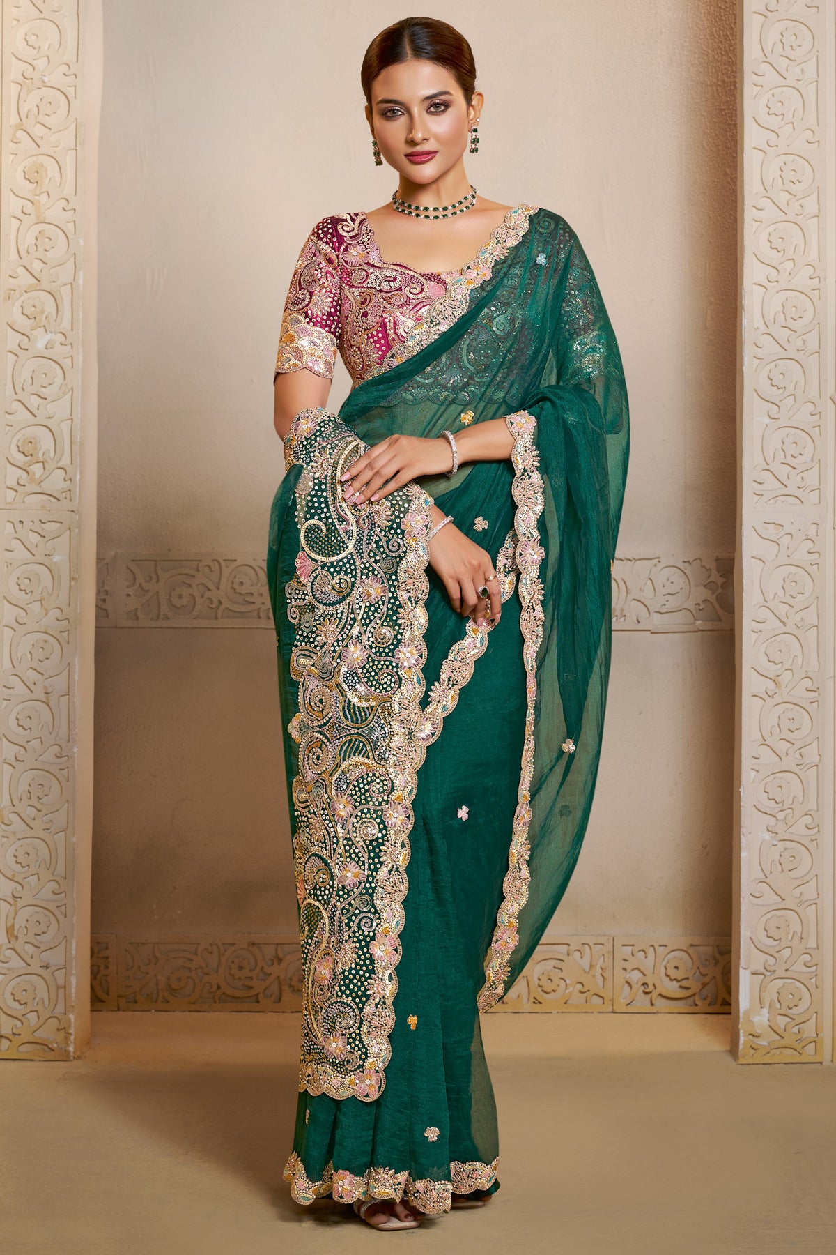 Emerald Green wedding silk saree with thread embroidery and stone handwork, full front view of the model wearing the draped saree
