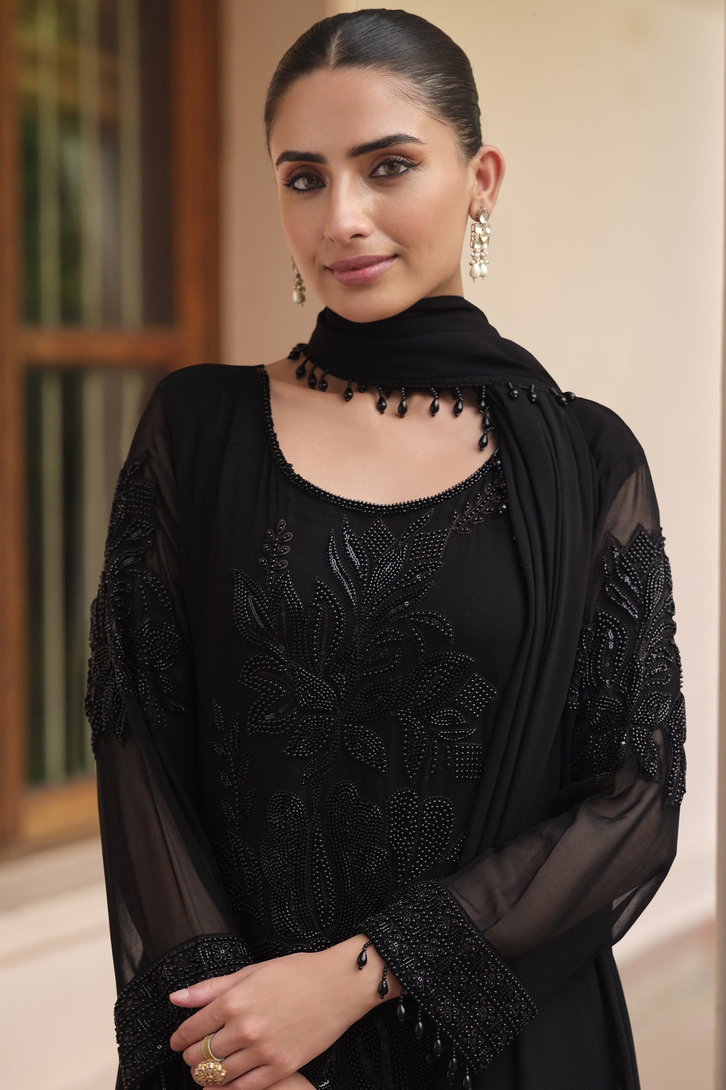 Black Georgette Short Kurta Set with Dupatta in Sequin & Moti Work