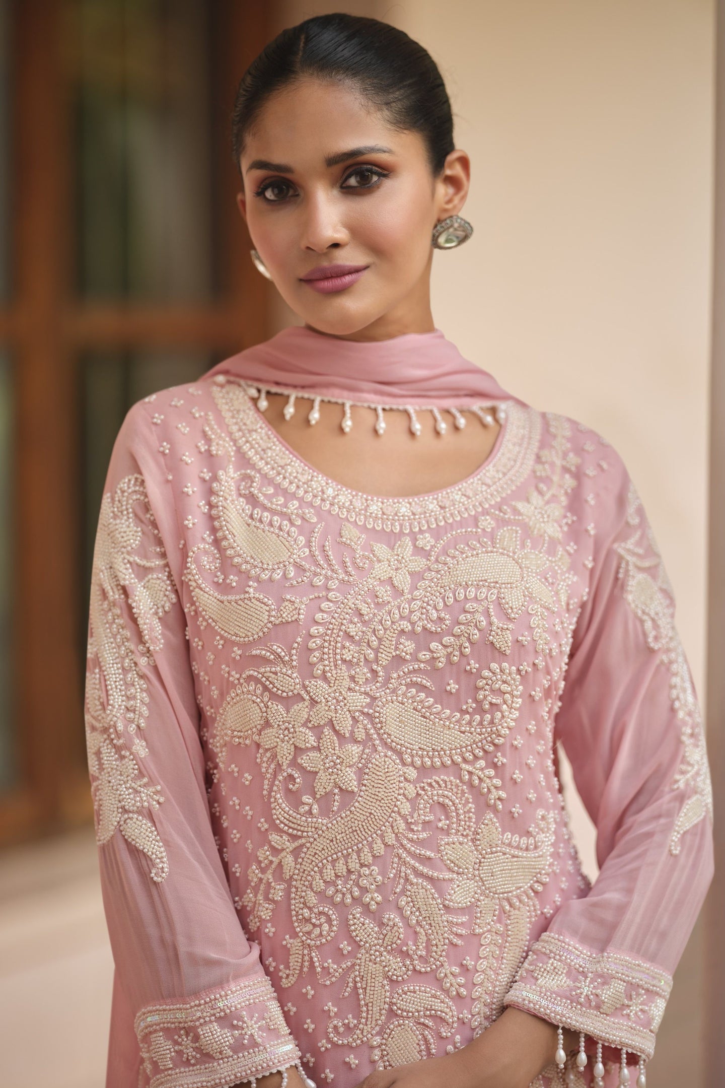 Baby Pink Georgette Short Kurta Set with Dupatta in Sequin Embroidery
