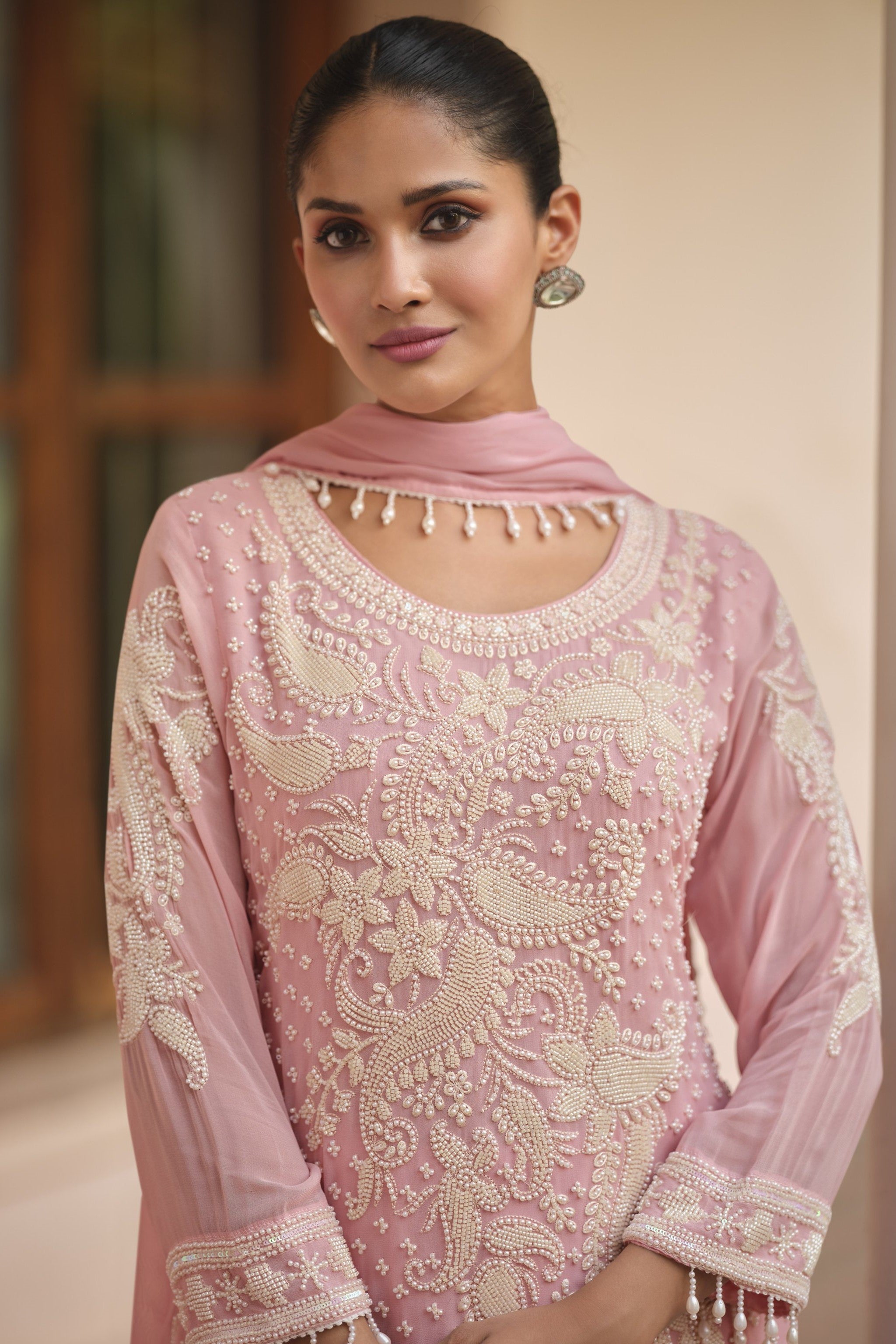 Baby Pink Georgette Short Kurta Set with Dupatta in Sequin Embroidery