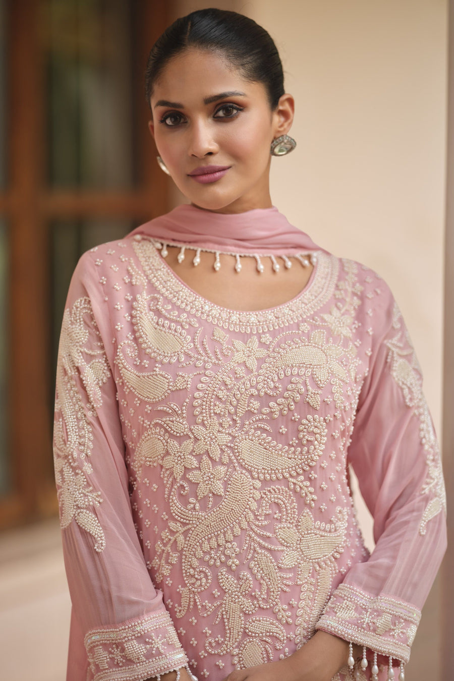 Baby Pink Georgette Short Kurta Set with Dupatta in Sequin Embroidery