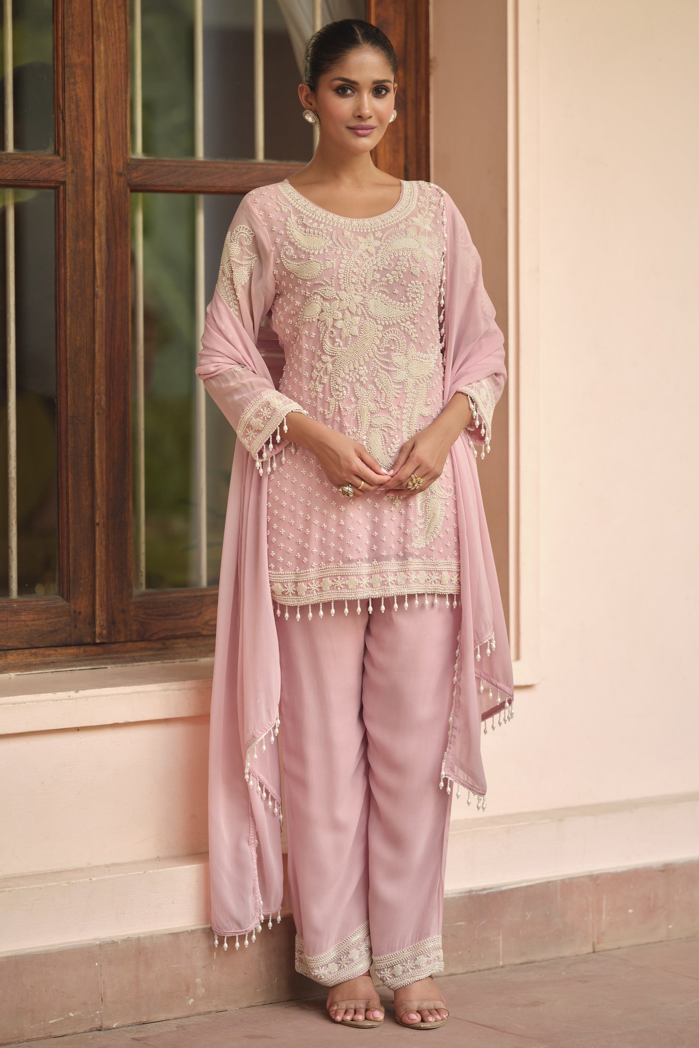 Baby Pink Georgette Short Kurta Set with Dupatta in Sequin Embroidery