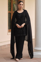 Black Georgette Short Kurta Set with Dupatta in Sequin & Moti Work