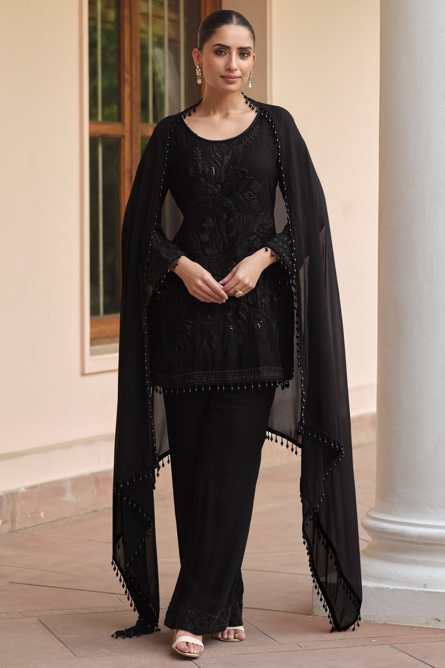 Black Georgette Short Kurta Set with Dupatta in Sequin & Moti Work