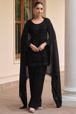 Black Georgette Short Kurta Set with Dupatta in Sequin & Moti Work