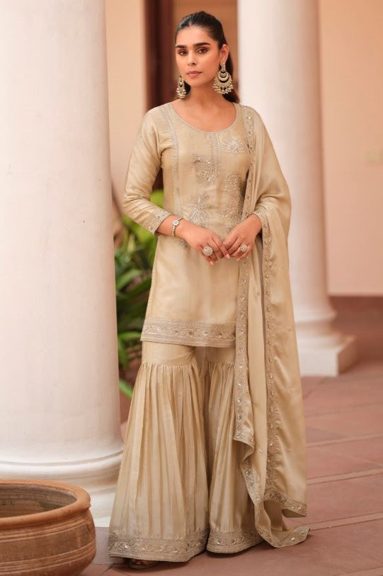 Beige Satin Silk Embroidered Sharara Clothes