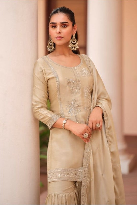 Beige Satin Silk Embroidered Sharara Clothes