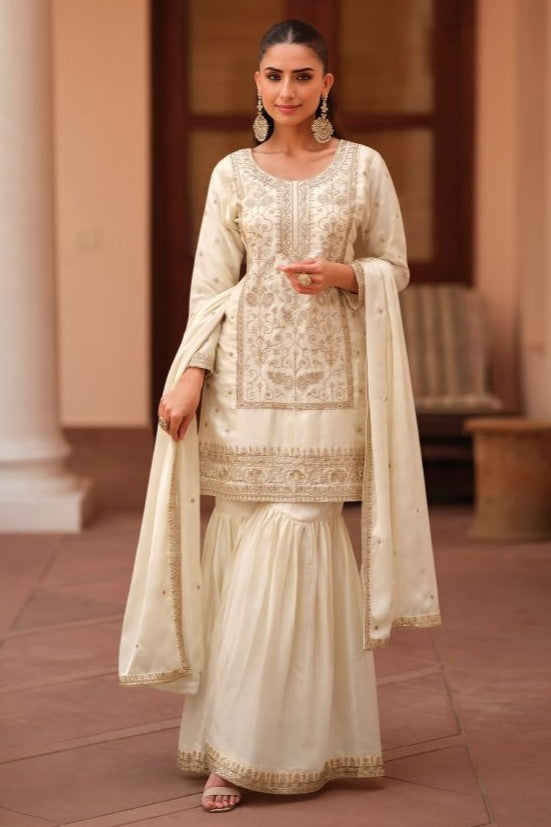 Cream Satin Silk Sharara Clothes - Thread and Sequins Work