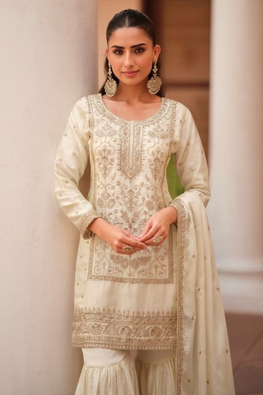 Cream Satin Silk Sharara Clothes - Thread and Sequins Work