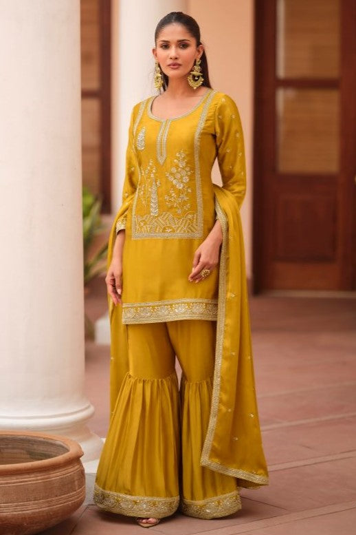 Mustard Yellow Sharara Clothes for Haldi Ceremony in Satin Silk & Embroidery