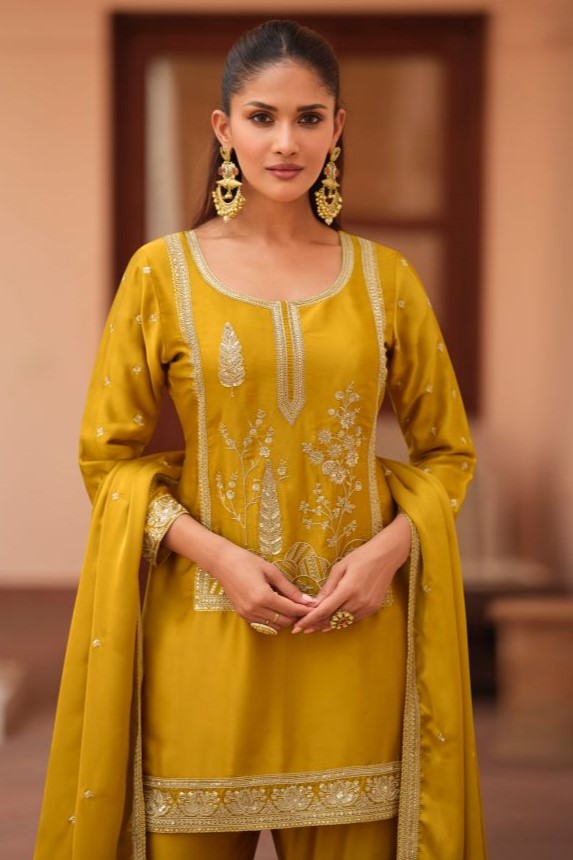 Mustard Yellow Sharara Clothes for Haldi Ceremony in Satin Silk & Embroidery