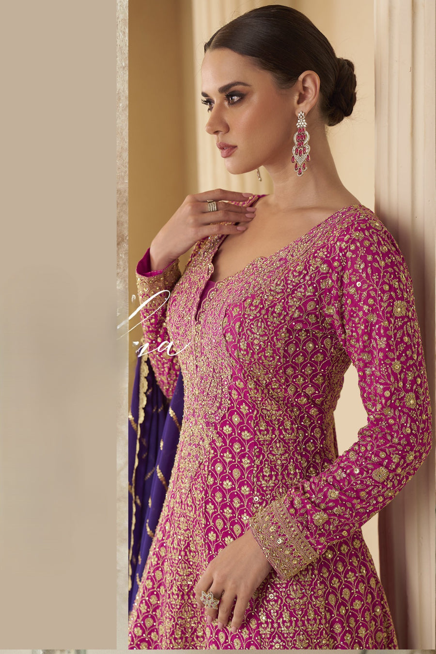 Pink Georgette Sangeet Outfit for Women in Thread & Sequins Embroidery Work