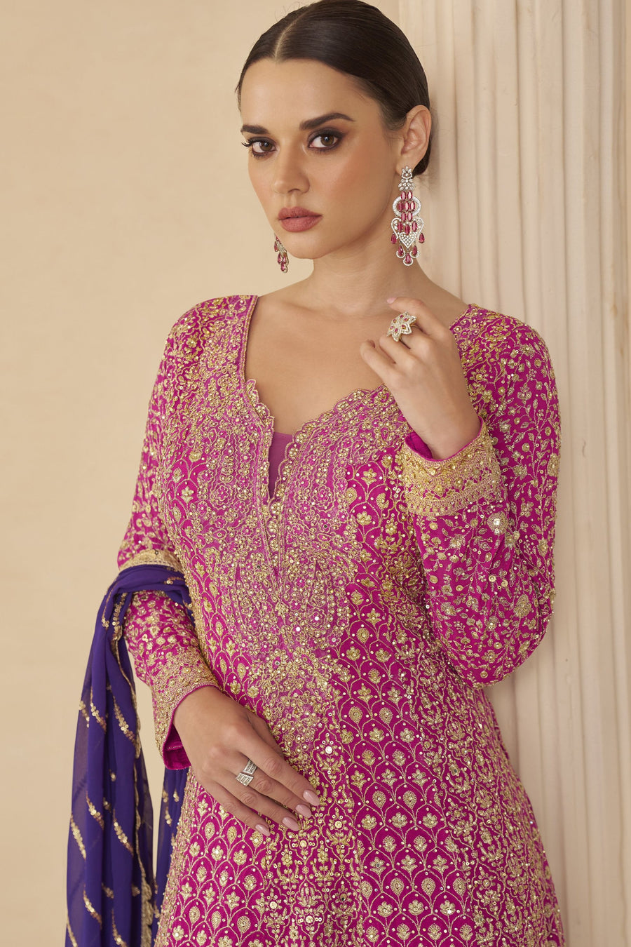 Pink Georgette Sangeet Outfit for Women in Thread & Sequins Embroidery Work