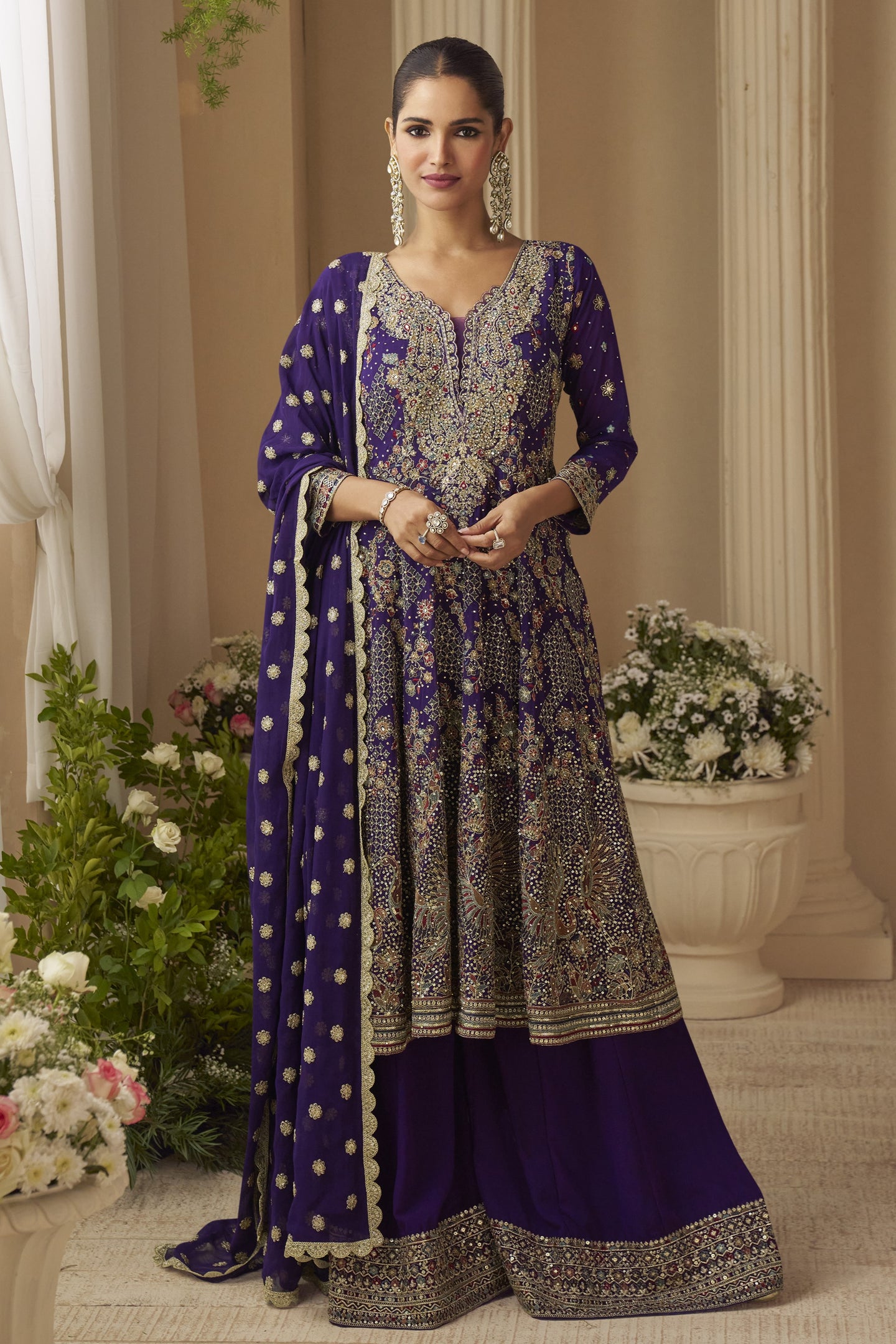 Purple Plazo Style Sangeet Outfit for Women in Georgette with Zari & Swarovski
