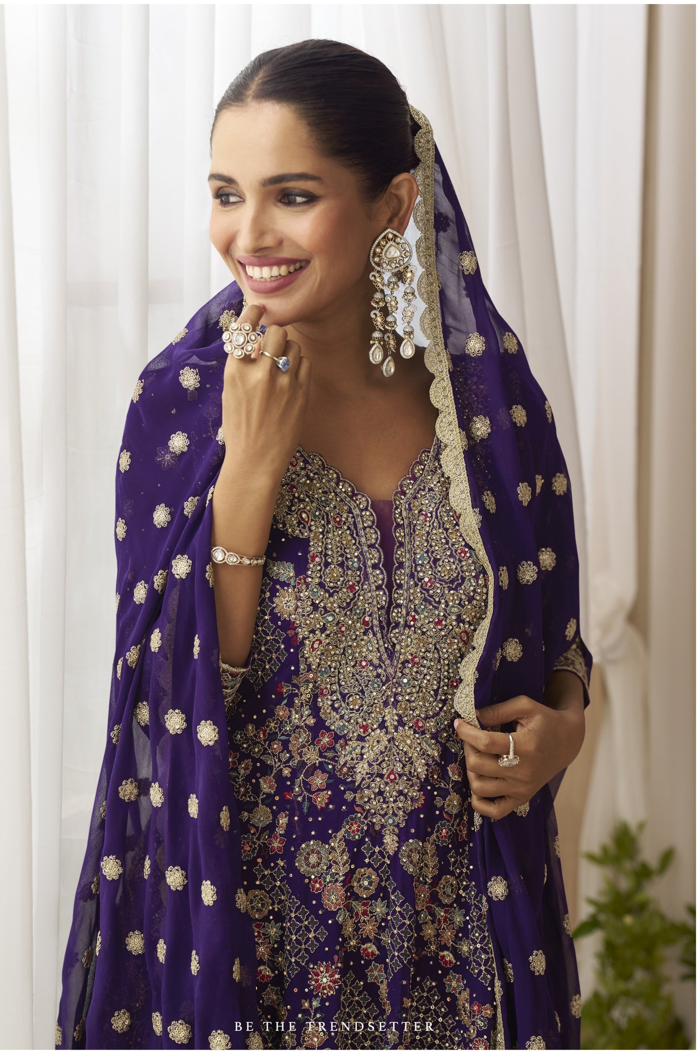 Purple Plazo Style Sangeet Outfit for Women in Georgette with Zari & Swarovski