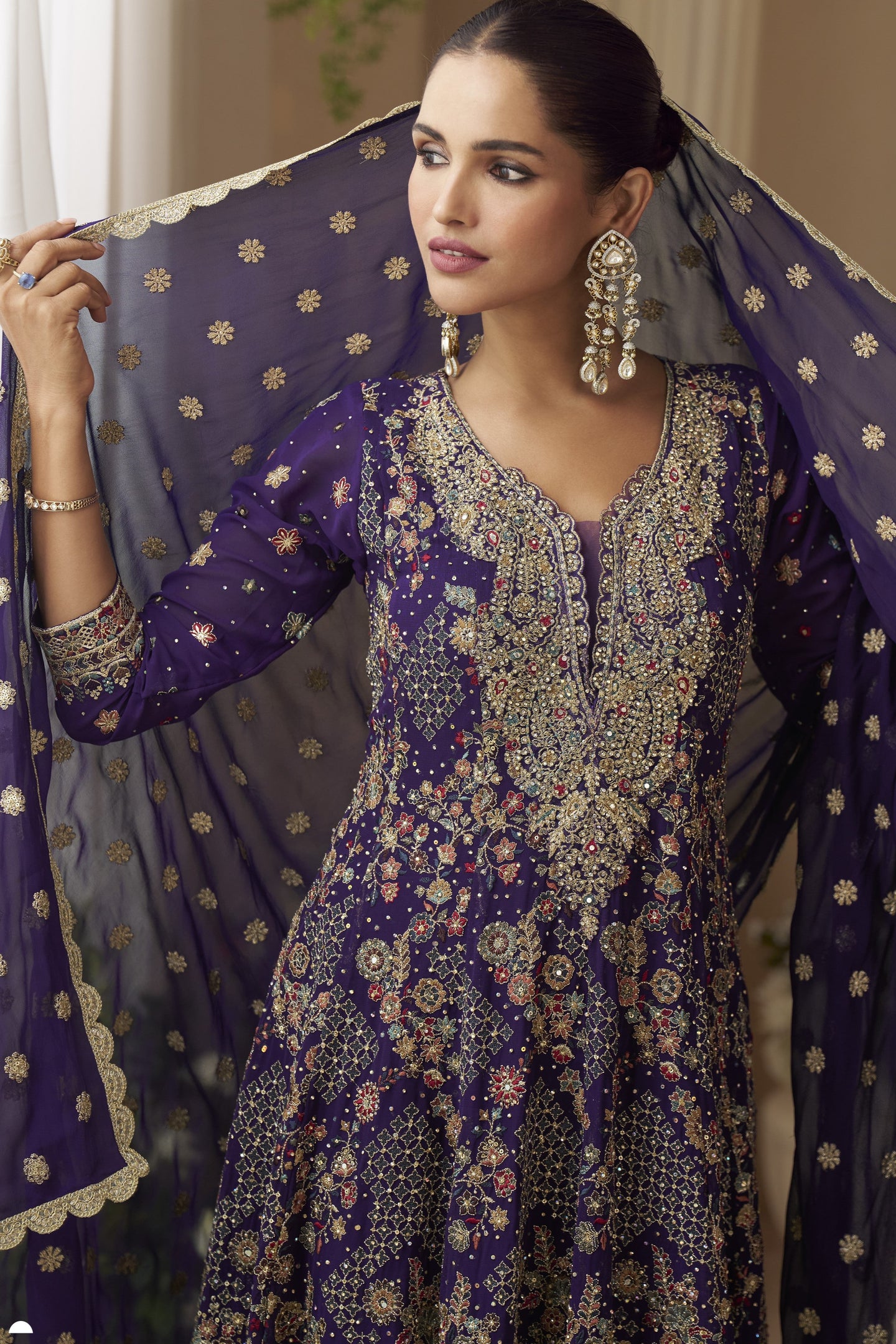 Purple Plazo Style Sangeet Outfit for Women in Georgette with Zari & Swarovski