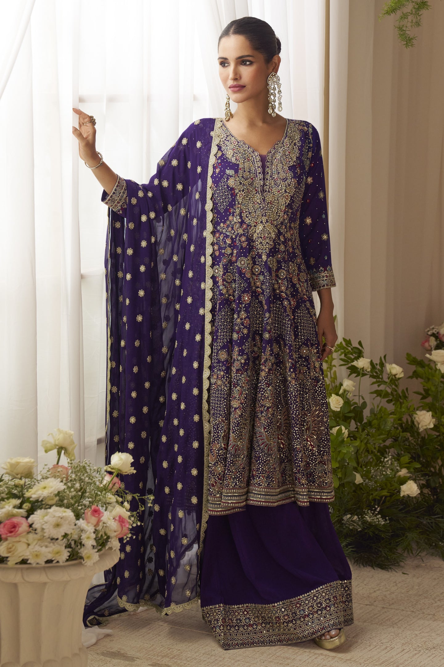 Purple Plazo Style Sangeet Outfit for Women in Georgette with Zari & Swarovski