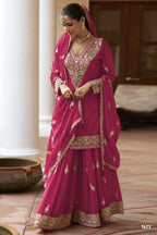 Pink Chinon Silk Plazo Suit For Indian & Pakistani Wedding Festival - Sequence & Thread Embroidery Work, Dori Work
