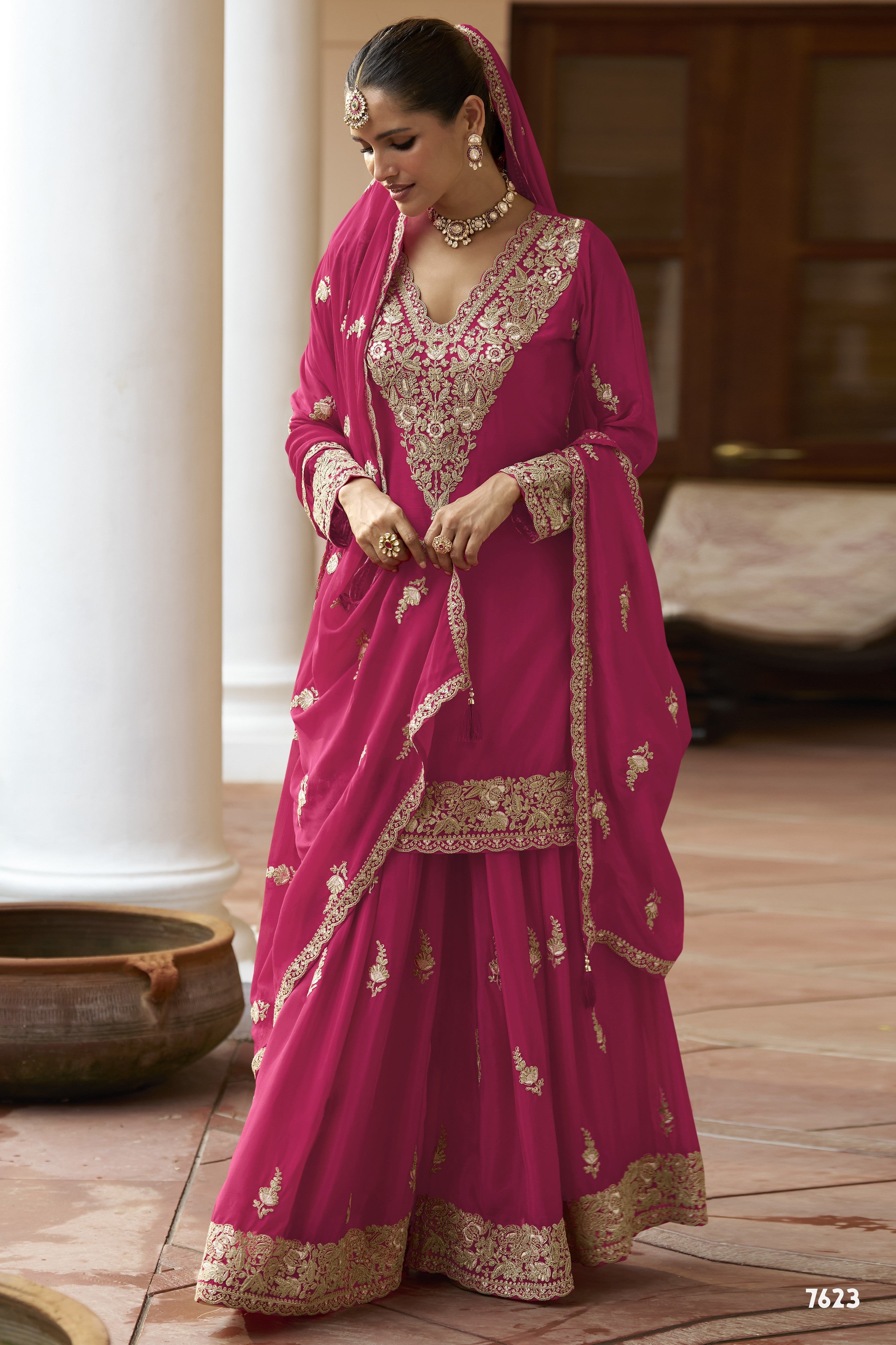 Pink Chinon Silk Plazo Suit For Indian & Pakistani Wedding Festival - Sequence & Thread Embroidery Work, Dori Work