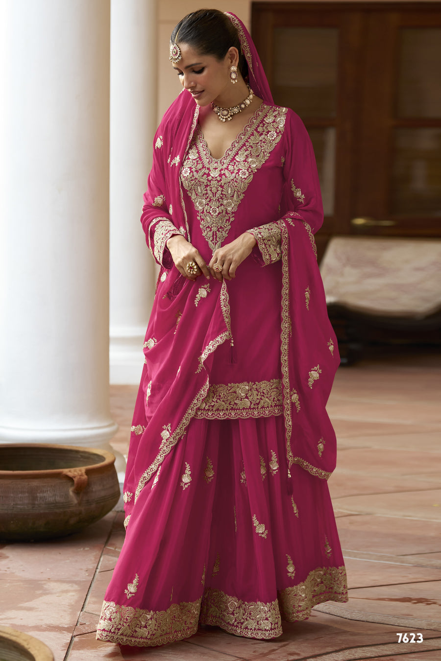 Pink Chinon Silk Plazo Suit For Indian & Pakistani Wedding Festival - Sequence & Thread Embroidery Work, Dori Work