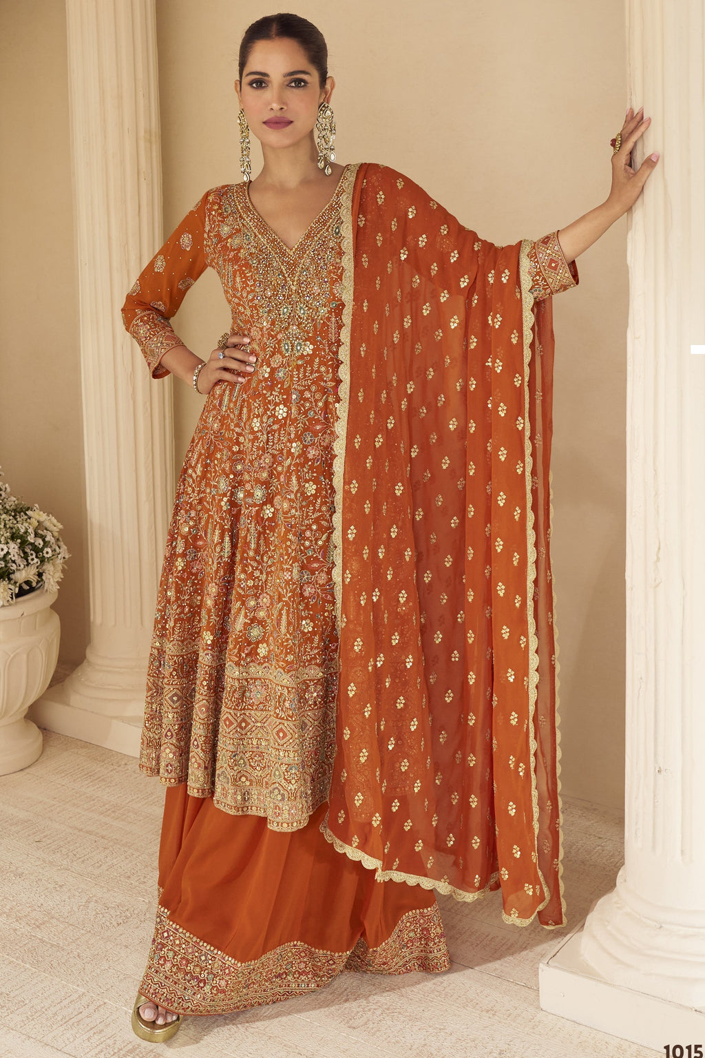 Orange Plazo Style Sangeet Outfit for Women in Georgette - Zari & Swarovski